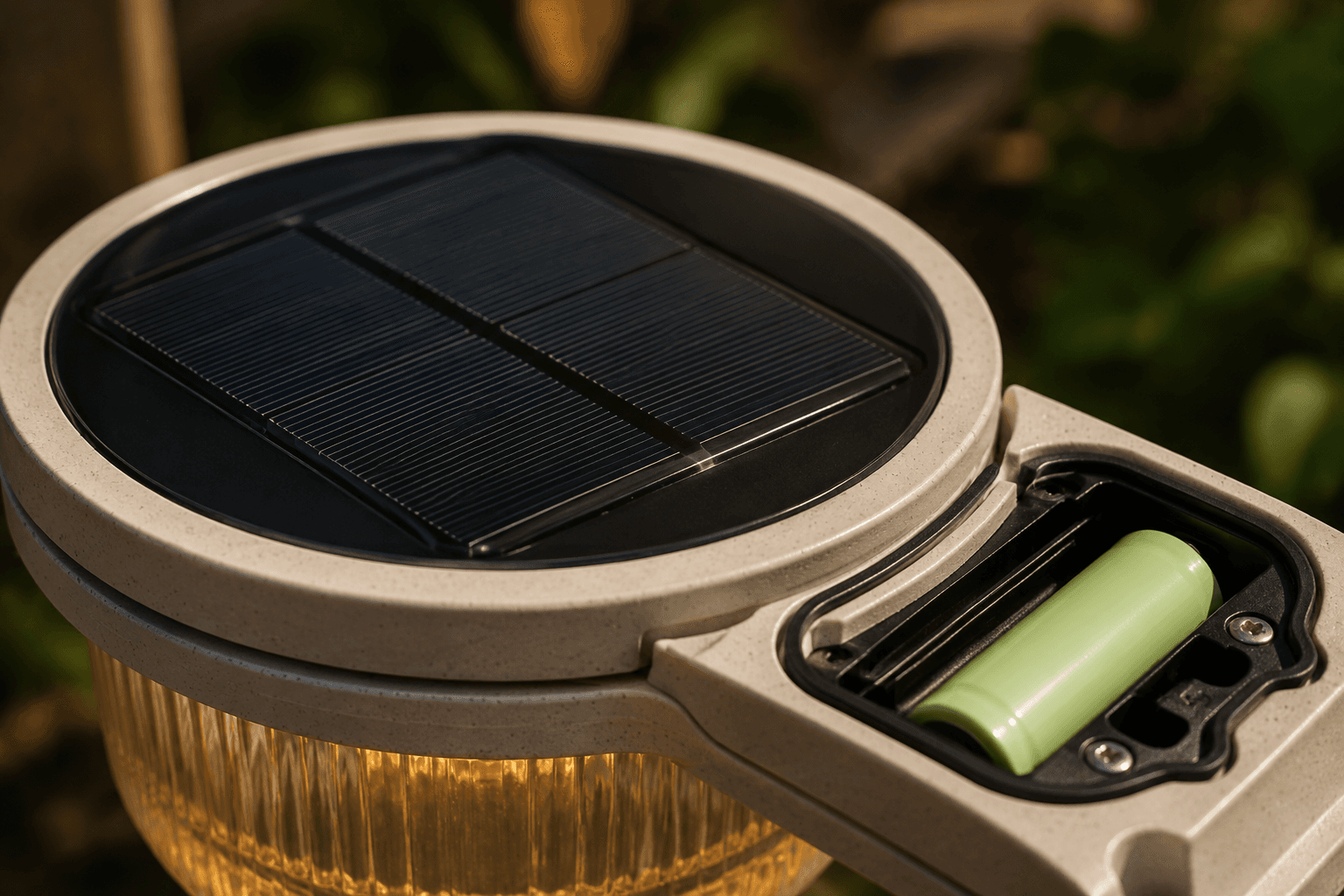 Close view of a small outdoor solar panel and enclosed battery compartment