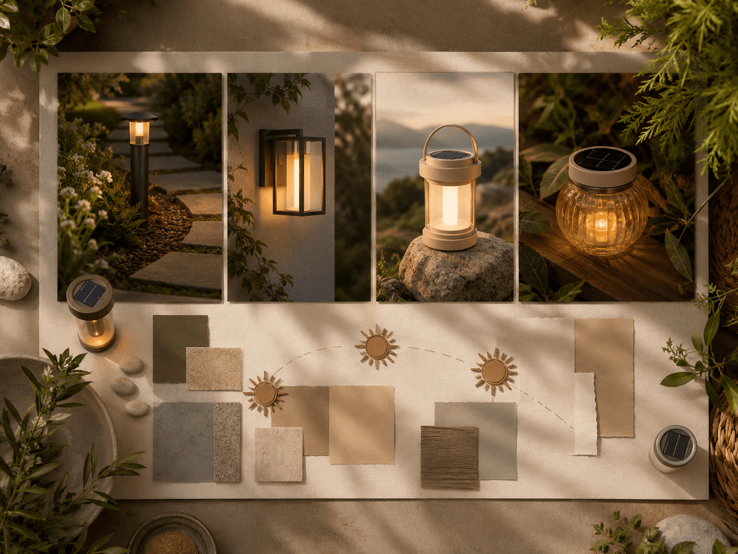 Outdoor lighting planning board showing garden, wall, camping and decorative scenes