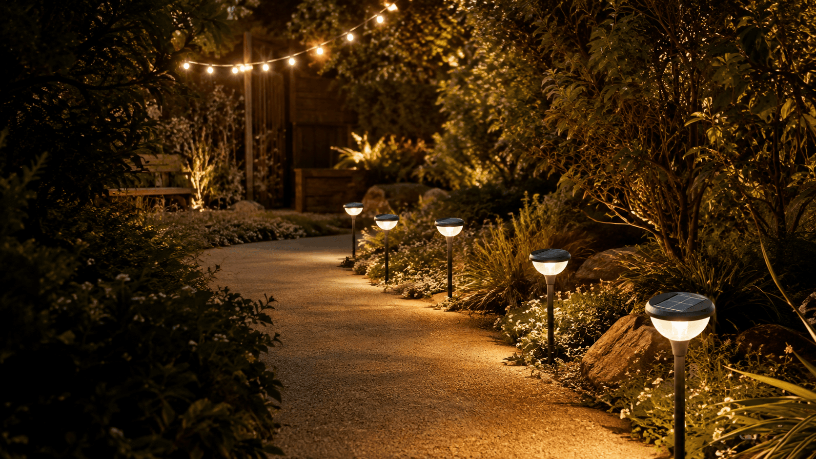 Warm solar path lights and string lights illuminating a garden at dusk
