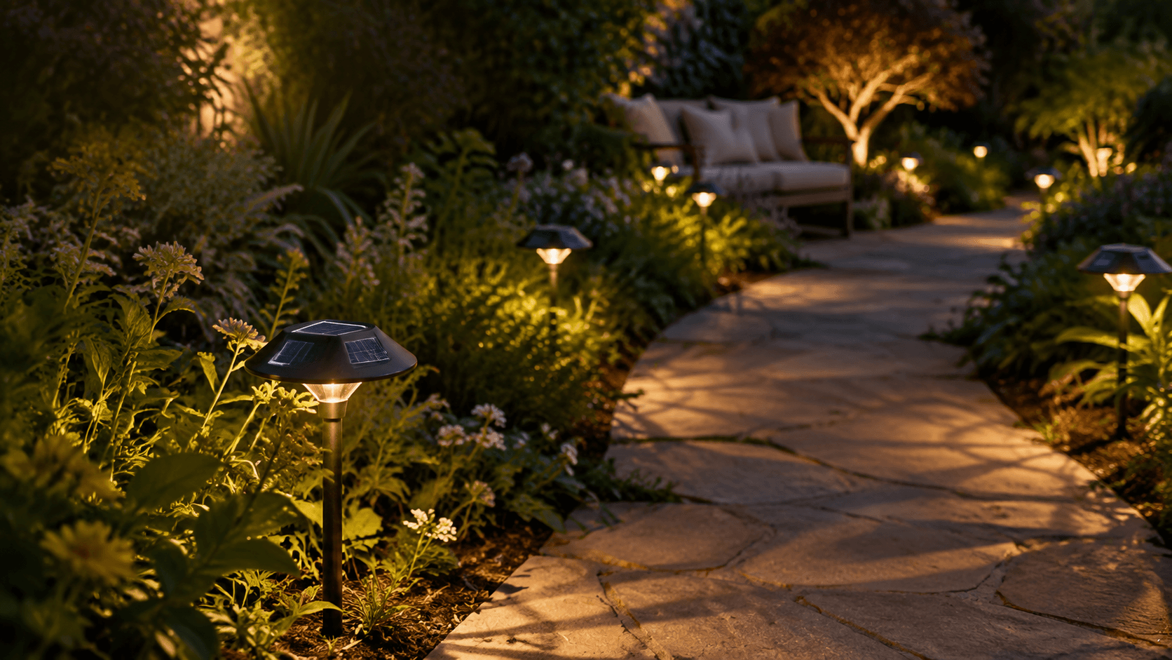 Garden glow solar lighting in use
