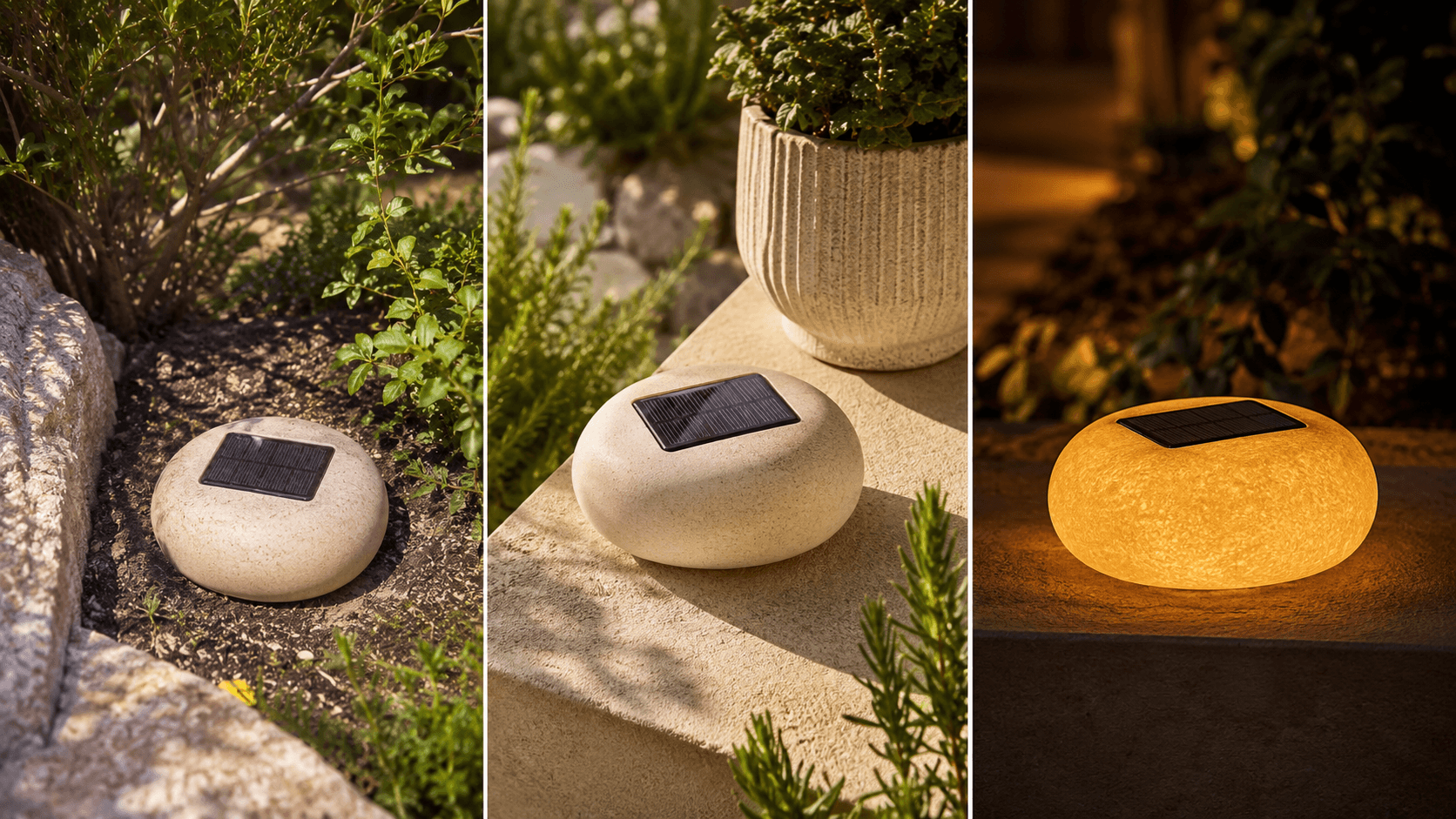 A solar light moving from garden placement to daytime charge and automatic dusk glow