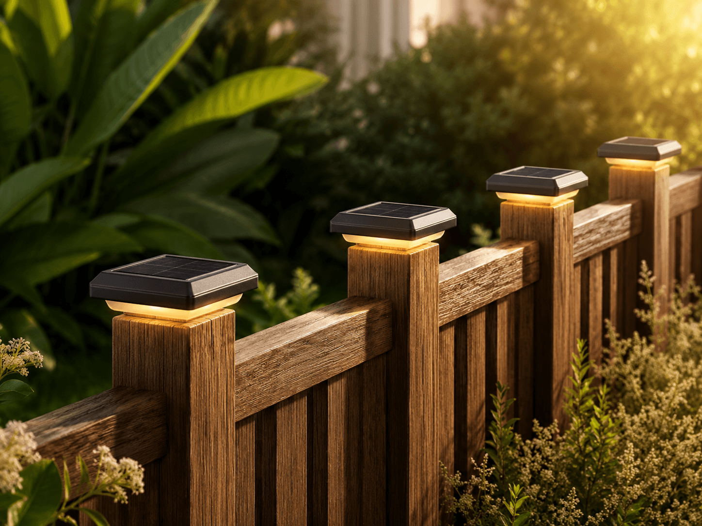Solar Fence Post Cap Light 4-Pack in an outdoor solar lighting setting