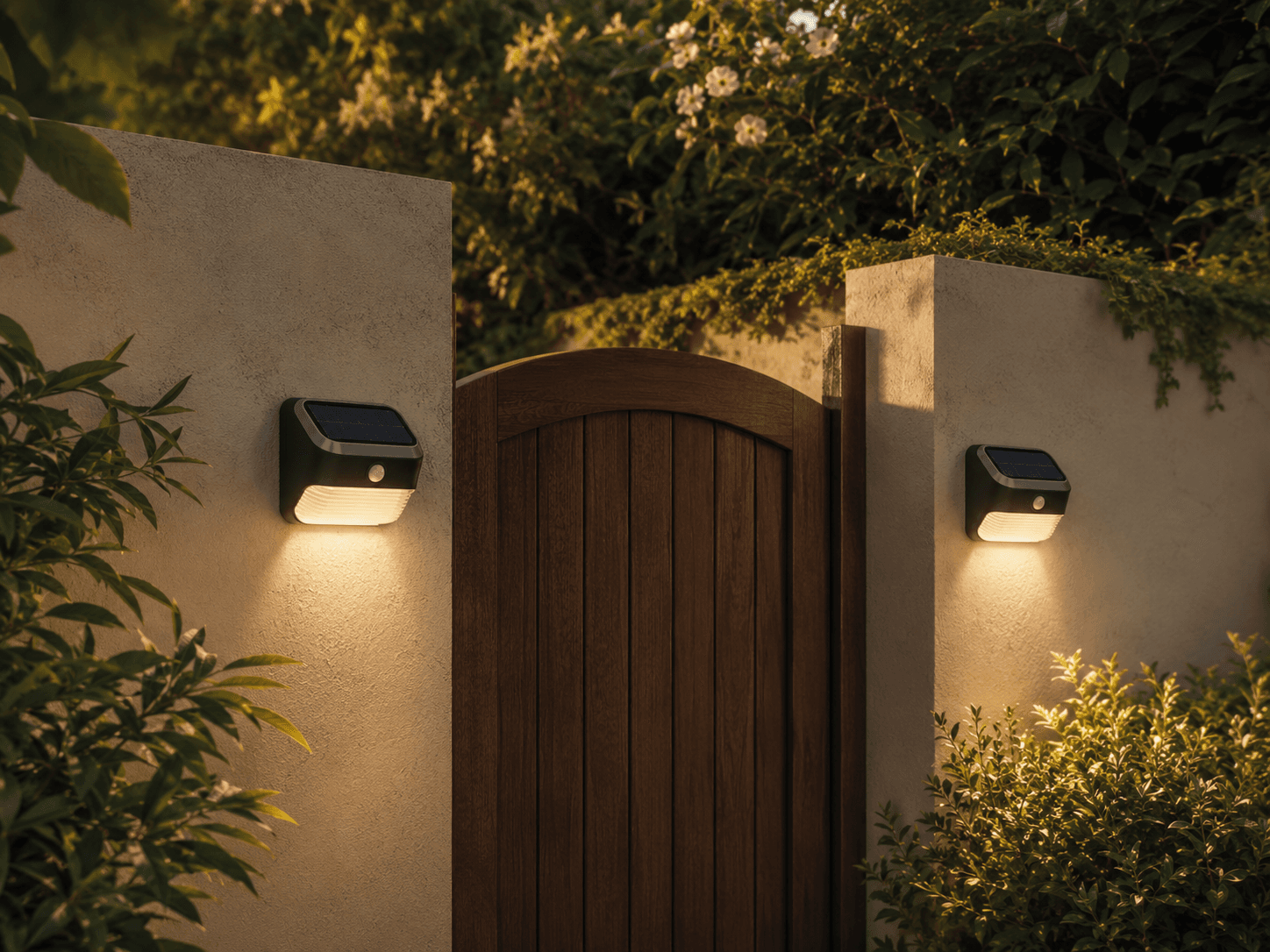 Solar Motion Wall Light Pair in an outdoor solar lighting setting