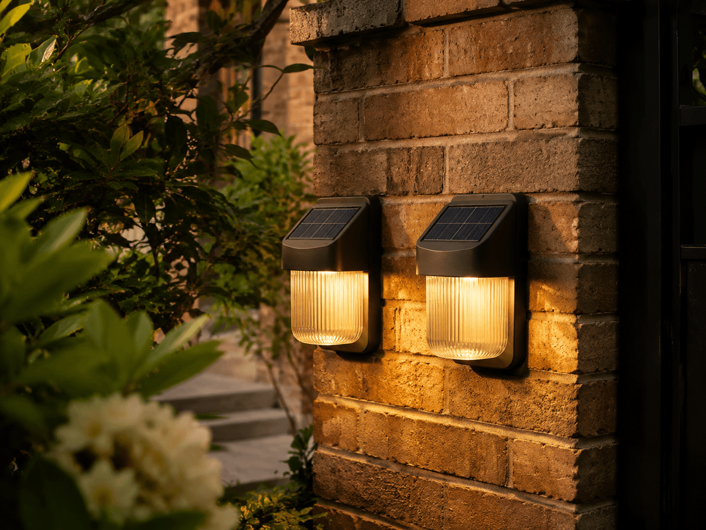 Solar Wall Lantern Pair in an outdoor solar lighting setting